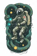 Cosmonaut climbing out of a serpent made of binary code, with glowing circuits and space background tattoo design idea