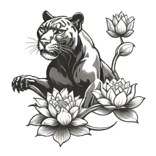 panther with lotus flower  tattoo design idea