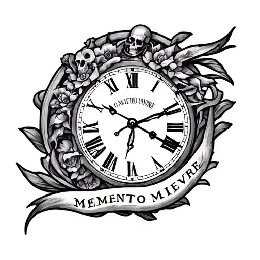 create a black and white tattoo using the words memento mori memento vivere using a clock design tattoo design idea