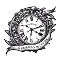 create a black and white tattoo using the words memento mori memento vivere using a clock design tattoo design idea