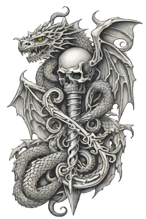 Caduceus with dragons instead of snakes and a helmet on a rifle instead of a staff tattoo design idea