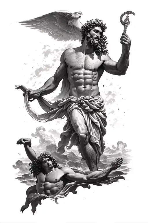tattoo depicting the trials of Odysseus from The Odyssey. At the bottom Poseidon, and on the top Zeus. tattoo design idea