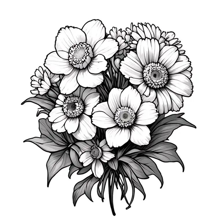 carnation daffodil and daisy bouquet tied tattoo design idea
