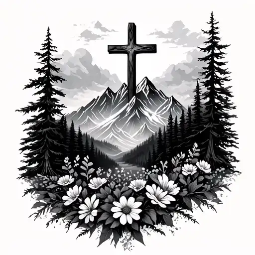 Mountains Cross Brimstone Forest Flowers tattoo design idea