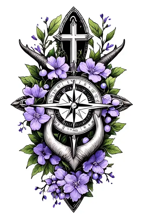 nautical compass surrounded by violet flowers, bull horns with Bulgarian motifs, Christian cross, and cherry tree. tattoo design idea