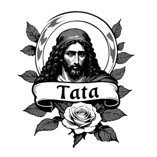 I want saint Judas and below him a ribbon saying "Tata" and below the ribbon a rose tattoo design idea