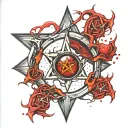 Realistic human eye, satanic pentagram, blood splatter, veins, Satan, Satanic. Metal bloody thorns tattoo design idea