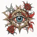 Realistic human eye, satanic pentagram, blood splatter, veins, Satan, Satanic. Metal bloody thorns tattoo design idea