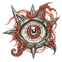 Realistic human eye, satanic pentagram, blood splatter, veins, Satan, Satanic. Metal bloody thorns tattoo design idea