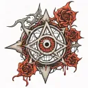 Realistic human eye, satanic pentagram, blood splatter, veins, Satan, Satanic. Metal bloody thorns tattoo design idea