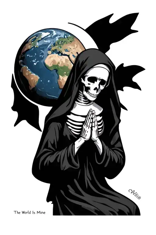 skeleton nun praying sideways hands holding with words The World Is Mine with earth behind the head tattoo design idea