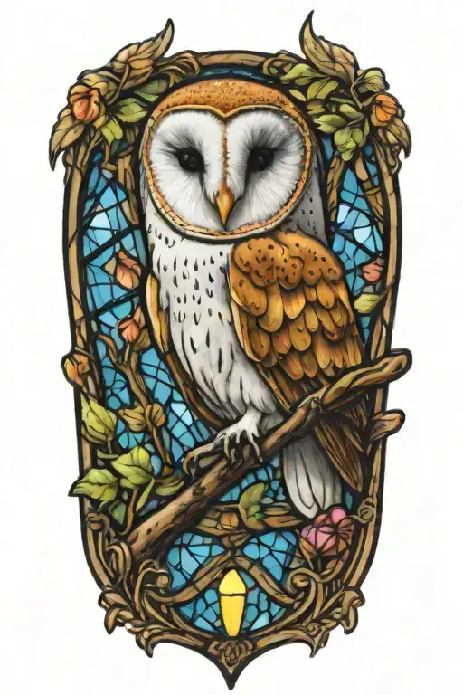 barn owl and stained glass tattoo design idea