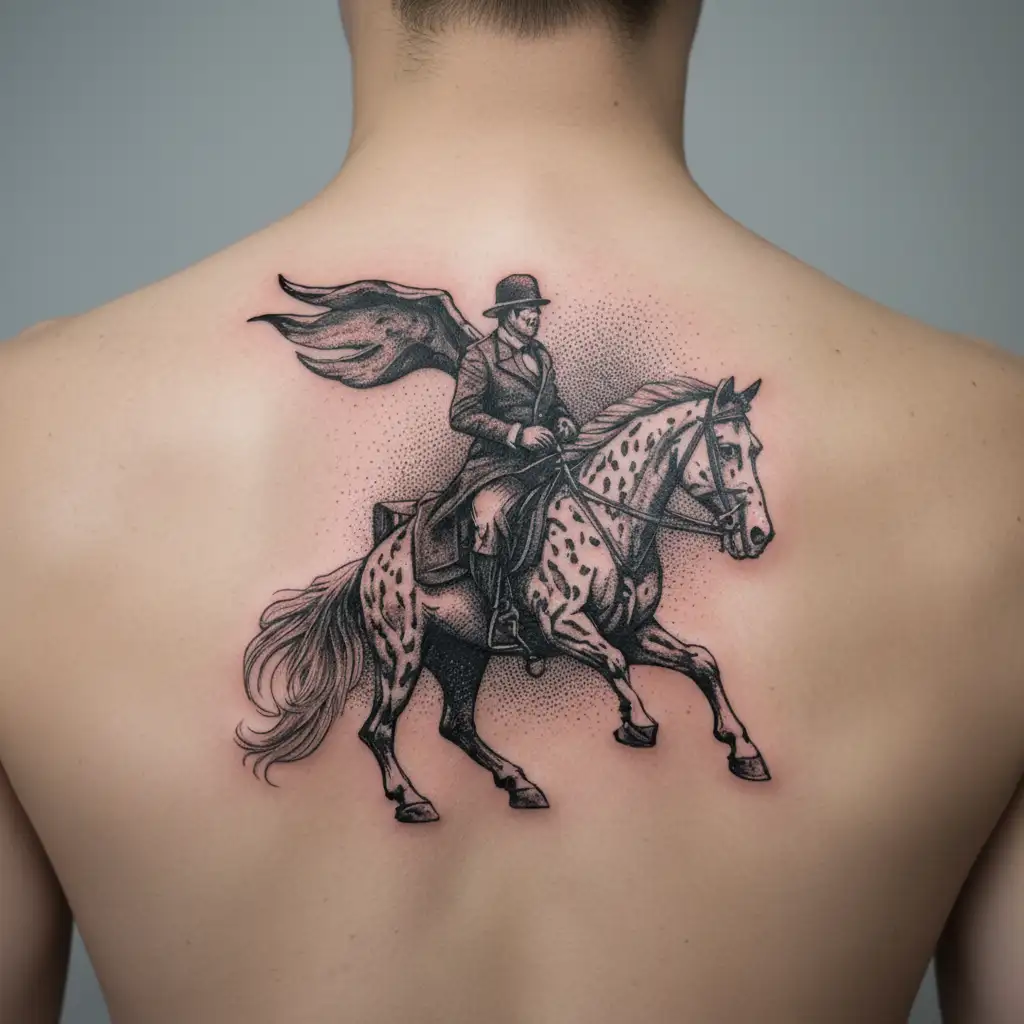 A dotwork tattoo of an entrepreneur riding a horse with a dog by their side, symbolizing success and loyalty tattoo design idea