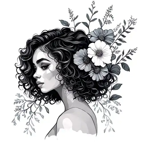 mix race women with wavy hair and flowers growing tattoo design idea