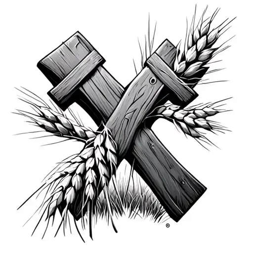 cross with John Deere emblem in wheat field tattoo design idea