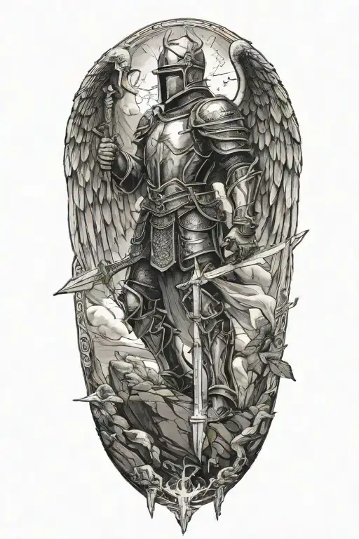 a knight with angel wings with one foot on top of a rock and a sword lifted to the sky with lightning in the back tattoo design idea