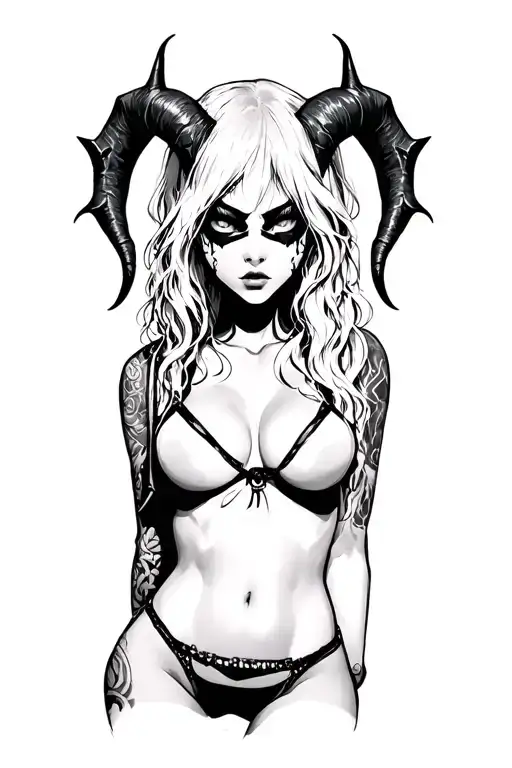 Sexy Pale Girl, Petite, Big Boobs, Wide Hips, G-string. Messy Hair, Demonic Horns, Sexual.... on hood, white eyes, mask tattoo design idea