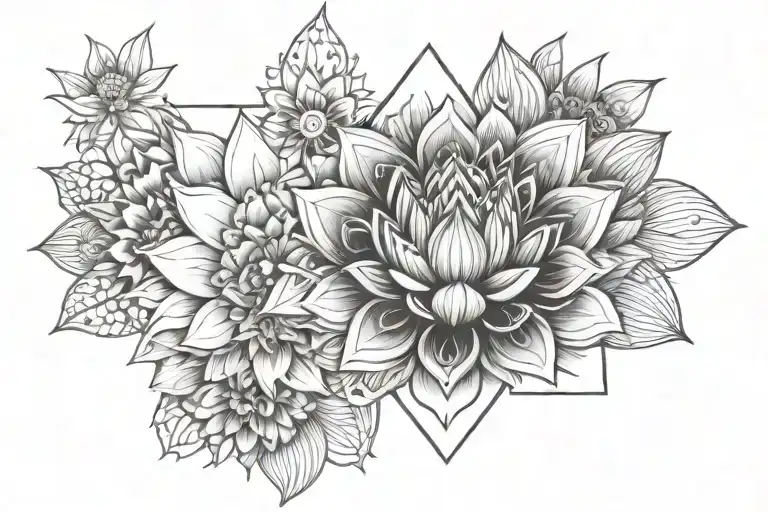 mandala lotus with sunflowers, mushrooms and crystals tattoo design idea