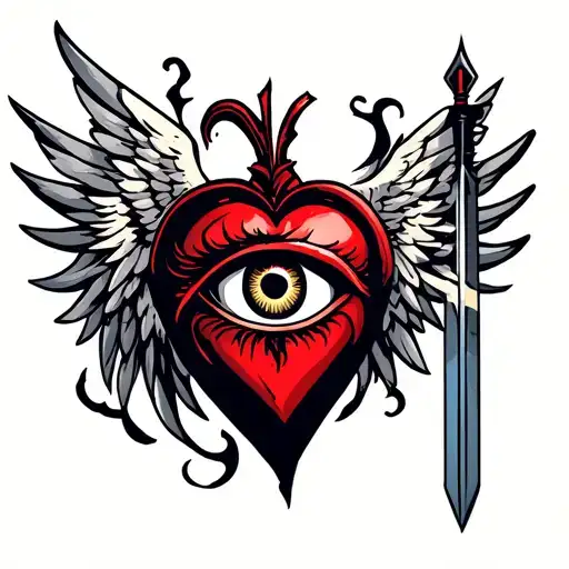 heart-shaped seraphim, one eye, three daggers, multiple sets of wings tattoo design idea
