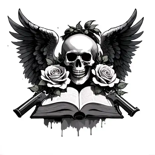 five finger death punch, angel of death, skull, roses, guns, books, dark romance  tattoo design idea