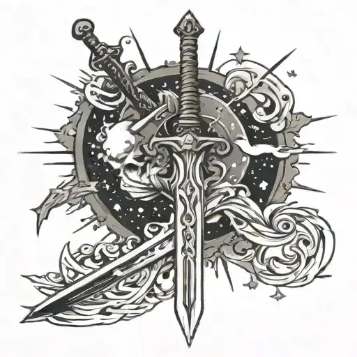 sword surrounded by stars, sea, stars shining tattoo design idea