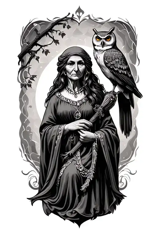 crone with owl perched regally tattoo design idea