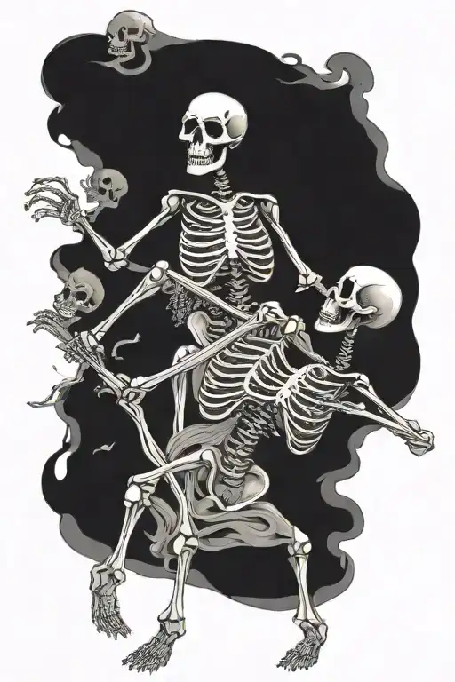 Two skeletons dancing together with the words Death will not part us tattoo design idea