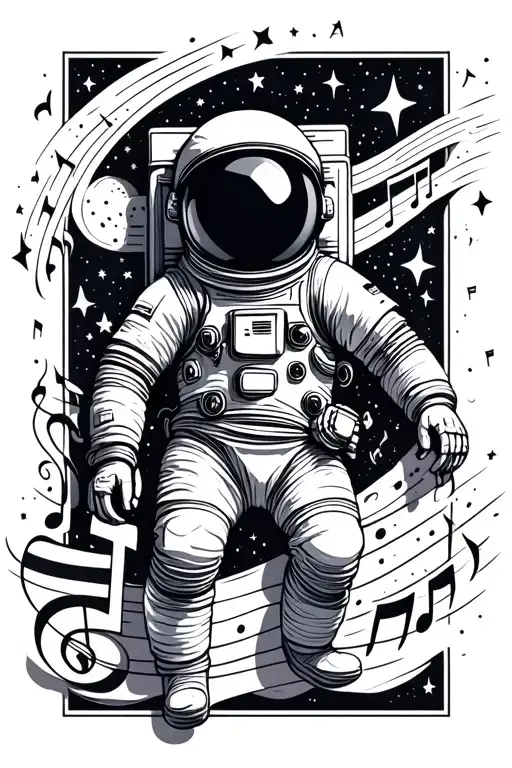 astronaut floating in space surrounded by stars and music notes tattoo design idea