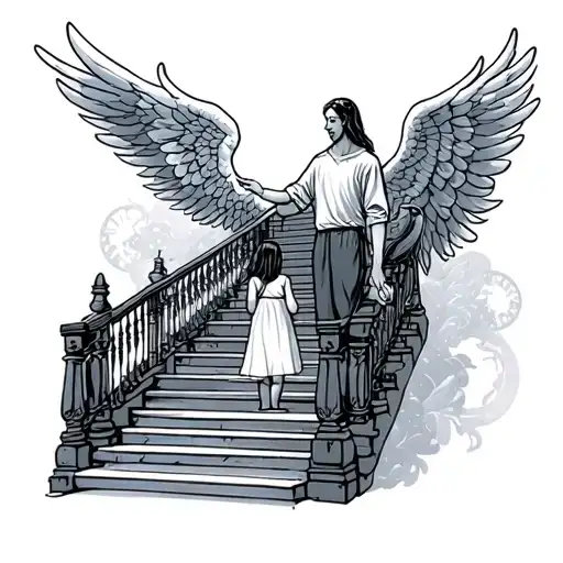 stairway to heaven dad, daughter at the bottom of stairs , angel wings , clock  tattoo design idea