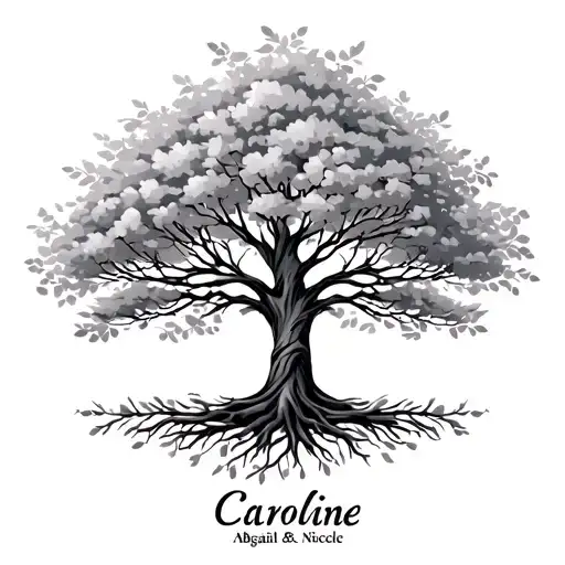 tree with name Caroline as the trunk of the tree and names David, Jaed, Lorna, Abigail and Nicole as the branches blened tattoo design idea