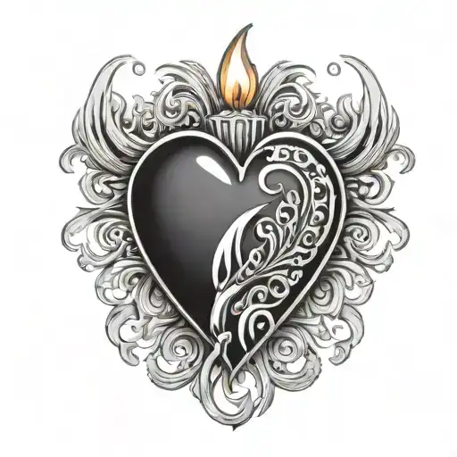 holy heart with rosary beads around it flames and light and shadow stripes tattoo design idea