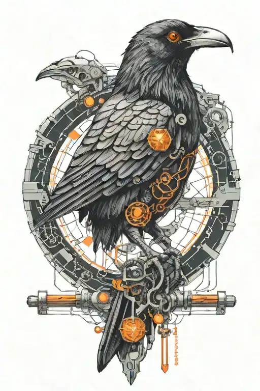 cyberpunk synthetic raven with orange robotic eyes inside cyber circle and microschemes tattoo design idea