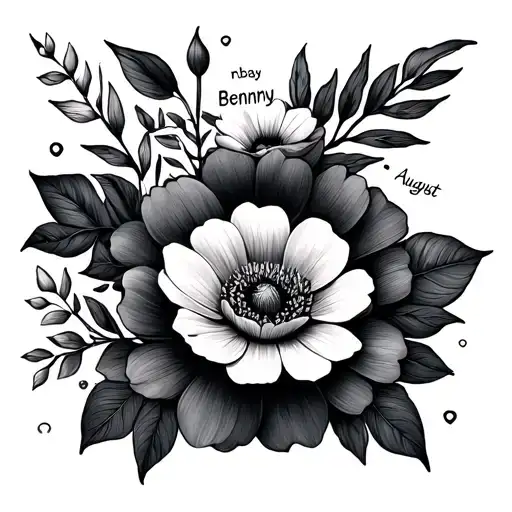 tattoo designs with kids names Ruby, Benny, Larni  incorporate birth flowers for Janurary, May and August tattoo design idea