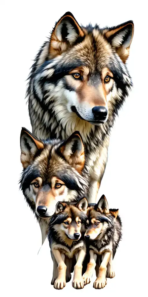 Wolf pack of two adults, two adolescents, and three pups. Gorest background  tattoo design idea
