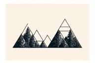 2 geometric triangles like mountains signifying parents and 3 simple pine trees representing children. very minimal tattoo design idea