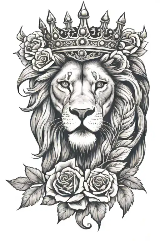 lion head with crown and rose tattoo design idea
