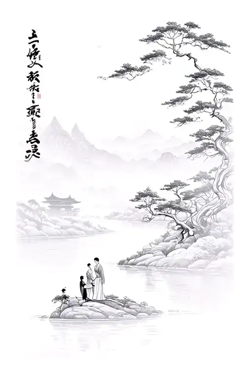 japanese style landscape,winding river lined with trees, temple in the background, father son and wife by the river tattoo design idea