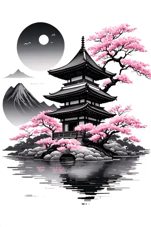 japanese temple with cherry blossom tree on the right and mountains on the left tattoo design idea
