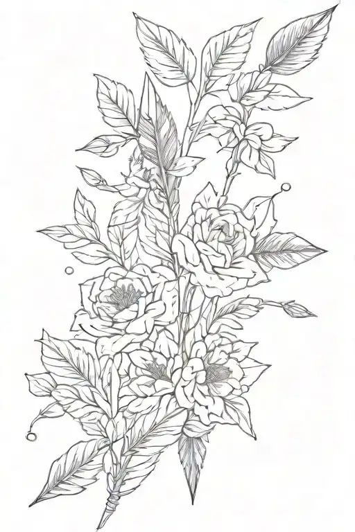 arrow facing down with two fletchings with flowers or something in memory of a parent  tattoo design idea