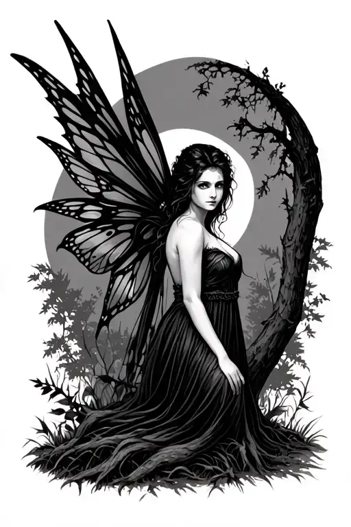 dark fairy in woods tattoo design idea