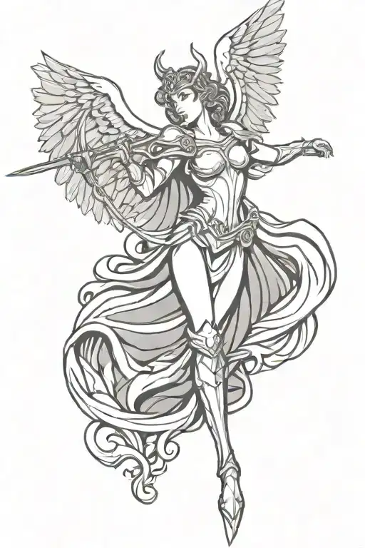 winged Valkyrie with weapon ready to battle tattoo design idea
