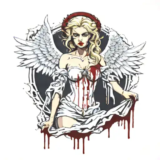 sexy blonde angel girl big bust golden halo pale skin white wings revealing white dress covered in blood evil pin-up tattoo design idea