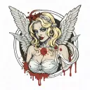 sexy blonde angel girl big bust golden halo pale skin white wings revealing white dress covered in blood evil pin-up tattoo design idea