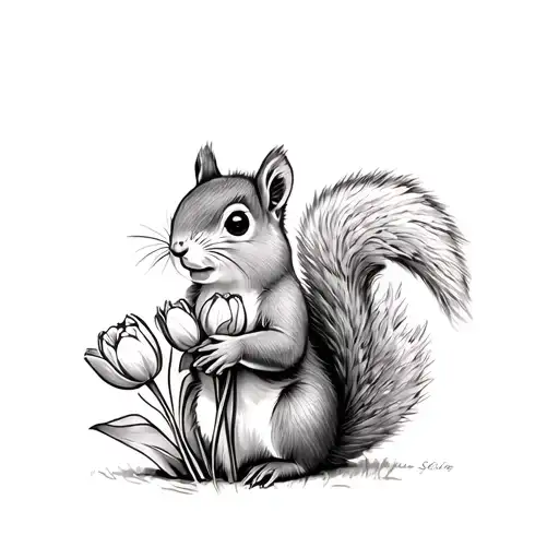 cute female squirrel holding tulips tattoo design idea