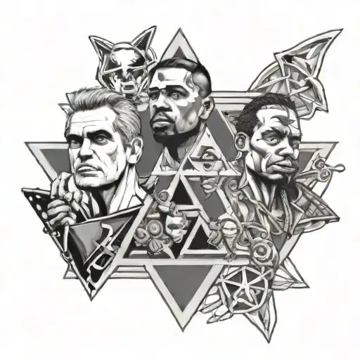 a triforce of music icons performing Henry Rollins Kanye west and miles davis tattoo design idea