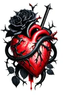 A dagger piercing a realistic bleeding human heart ensnared by black roses with thorns. Add a black mamba wrapped around tattoo design idea