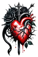 A dagger piercing a realistic bleeding human heart ensnared by black roses with thorns. Add a black mamba wrapped around tattoo design idea