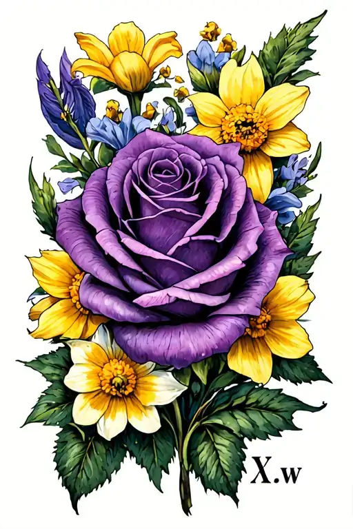 initials x.e.w. thumb finger next to purple rose, marigold, cosmos, and daffodil tattoo design idea