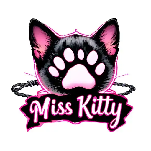 Realistic cat paw print with pink neon light letters underneath it that say " Miss Kitty" with a whip around all of it tattoo design idea