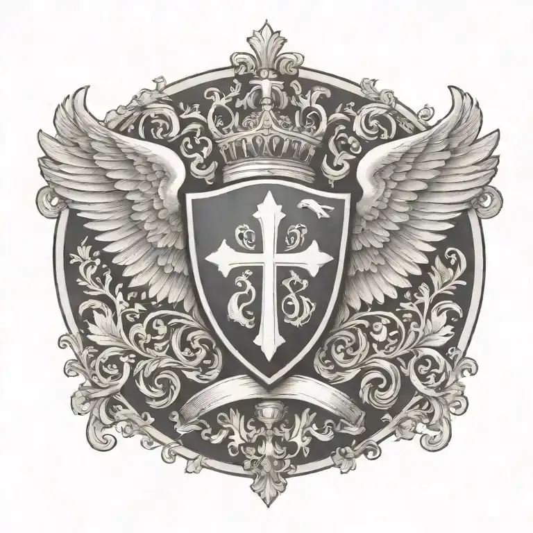 Coat of arms with cloud , pair wing of dove and cross tattoo design idea